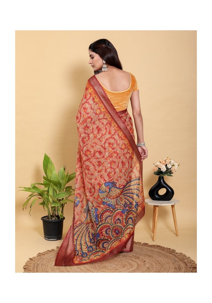 Malishka Export Vibrant Red Artistic Peacock Saree for Women - Image 5